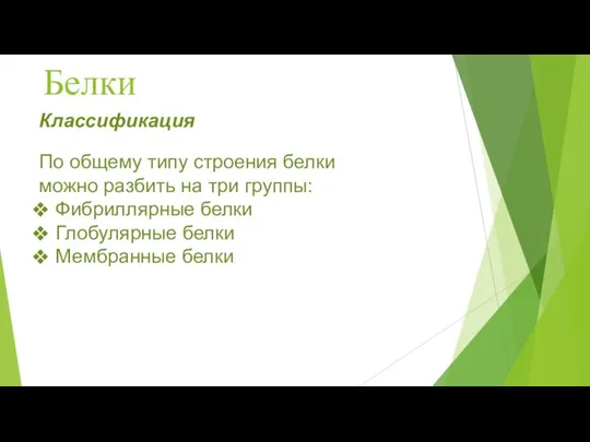 Белки Классификация По общему типу строения белки можно разбить на три группы: