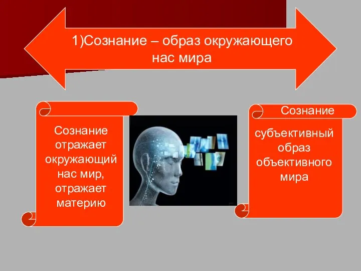 1)Сознание – образ окружающего нас мира Сознание отражает окружающий нас мир, отражает