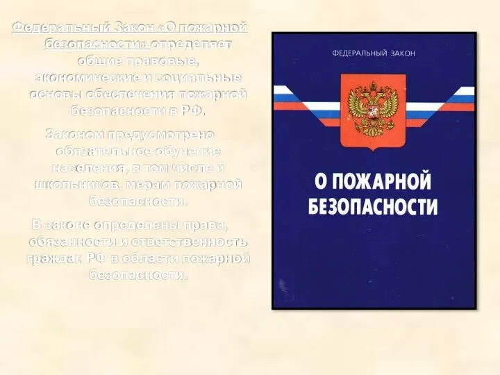 Федеральный Закон «О пожарной безопасности» определяет общие правовые, экономические и социальные основы