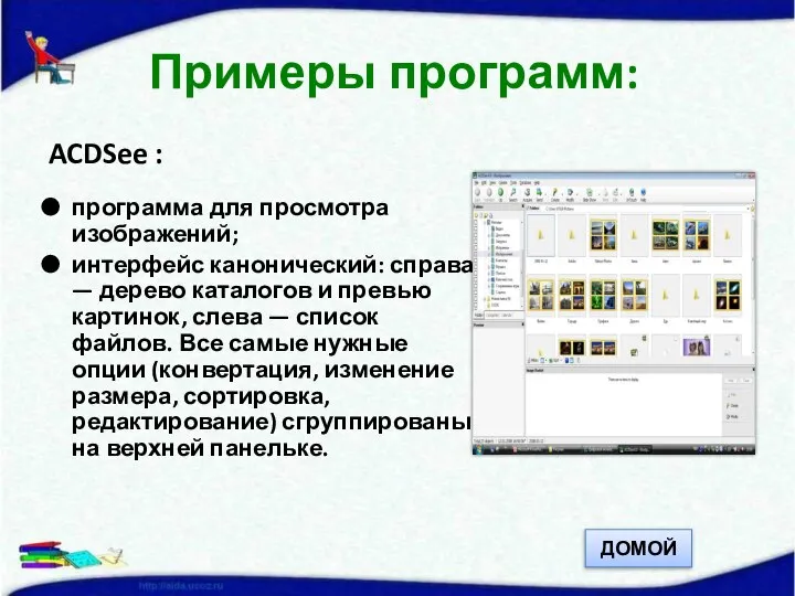 ACDSee : программа для просмотра изображений; интерфейс канонический: справа — дерево каталогов
