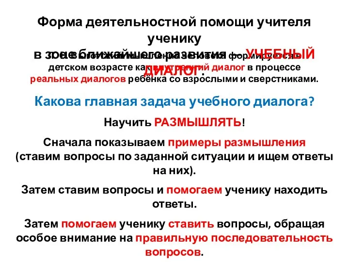 Какова главная задача учебного диалога? Научить РАЗМЫШЛЯТЬ! Сначала показываем примеры размышления (ставим