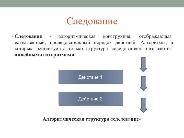 Следование Следование - алгоритмическая конструкция, отображающая естественный, последовательный порядок действий. Алгоритмы, в