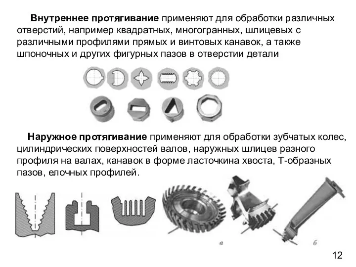 Внутреннее протягивание применяют для обработки различных отверстий, например квадратных, многогранных, шлицевых с