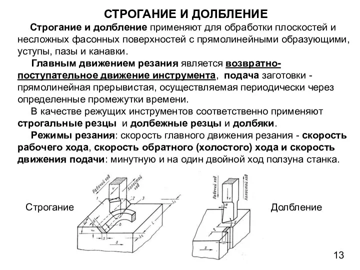 СТРОГАНИЕ И ДОЛБЛЕНИЕ Строгание и долбление применяют для обработки плоскостей и несложных