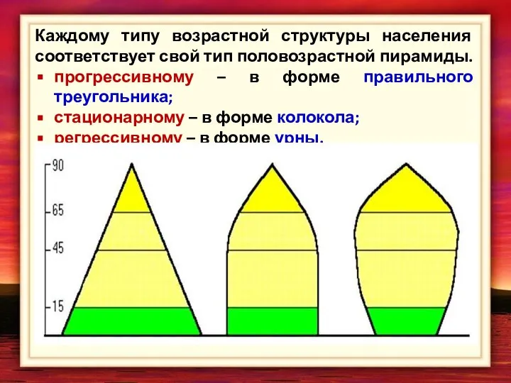 Каждому типу возрастной структуры населения соответствует свой тип половозрастной пирамиды. прогрессивному –