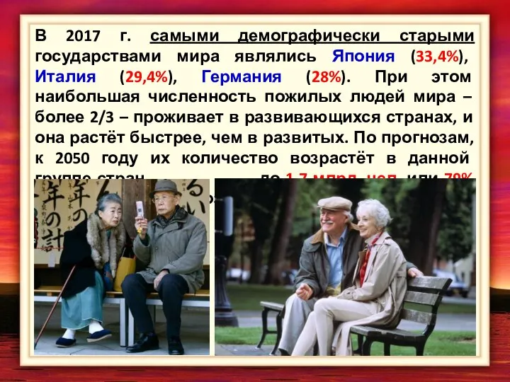 В 2017 г. самыми демографически старыми государствами мира являлись Япония (33,4%), Италия