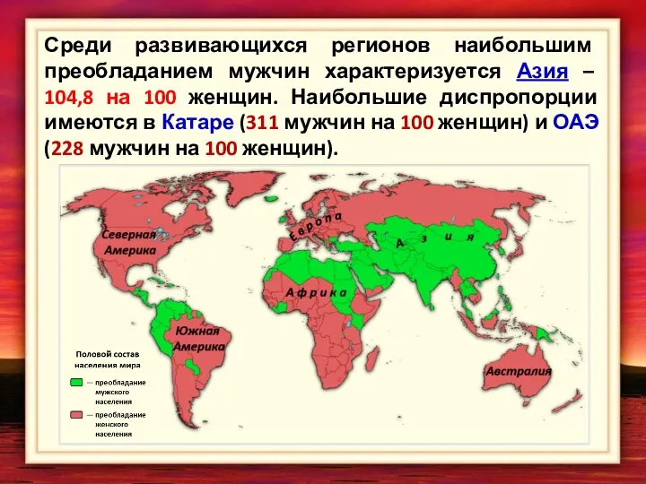 Среди развивающихся регионов наибольшим преобладанием мужчин характеризуется Азия – 104,8 на 100