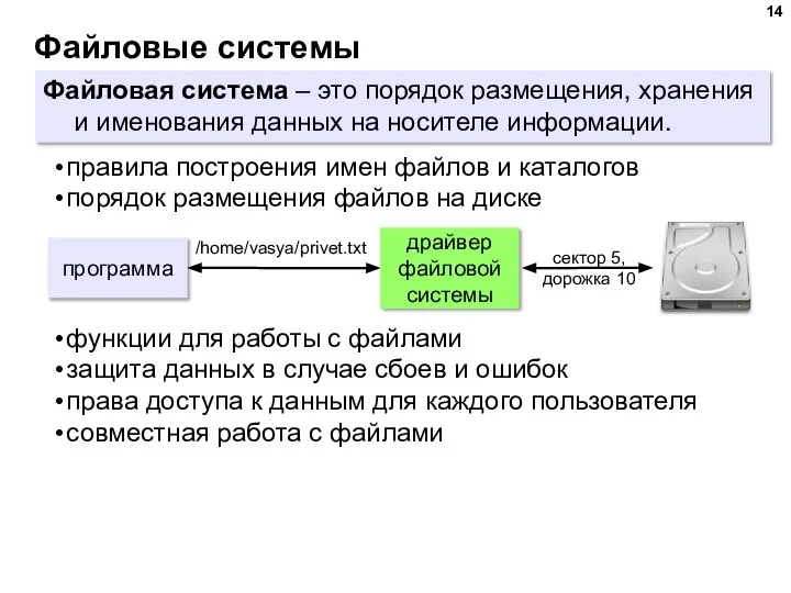 Файловые системы Файловая система – это порядок размещения, хранения и именования данных