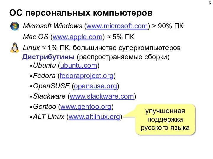 ОС персональных компьютеров Microsoft Windows (www.microsoft.com) > 90% ПК Mac OS (www.apple.com)