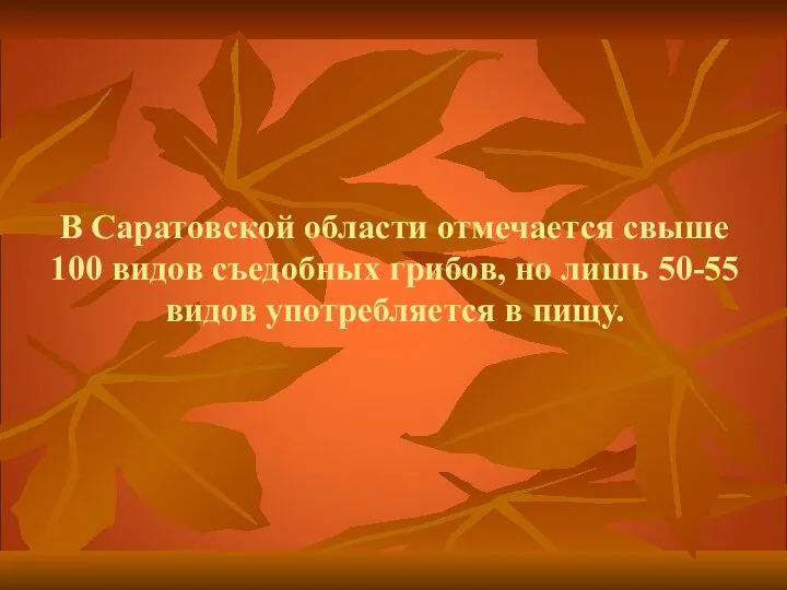 В Саратовской области отмечается свыше 100 видов съедобных грибов, но лишь 50-55 видов употребляется в пищу.