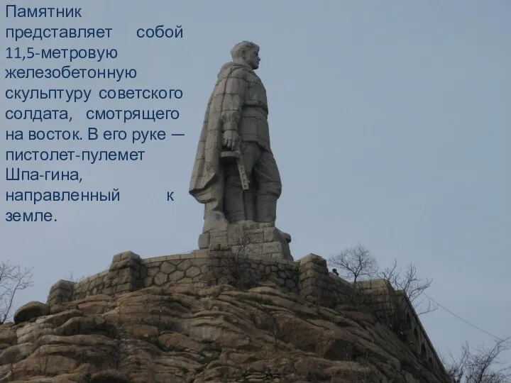 Памятник представляет собой 11,5-метровую железобетонную скульптуру советского солдата, смотрящего на восток. В