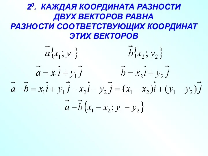 20. КАЖДАЯ КООРДИНАТА РАЗНОСТИ ДВУХ ВЕКТОРОВ РАВНА РАЗНОСТИ СООТВЕТСТВУЮЩИХ КООРДИНАТ ЭТИХ ВЕКТОРОВ