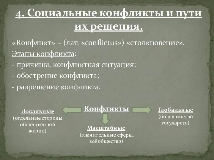 «Конфликт» – (лат. «conflictus») «столкновение». Этапы конфликта: - причины, конфликтная ситуация; -