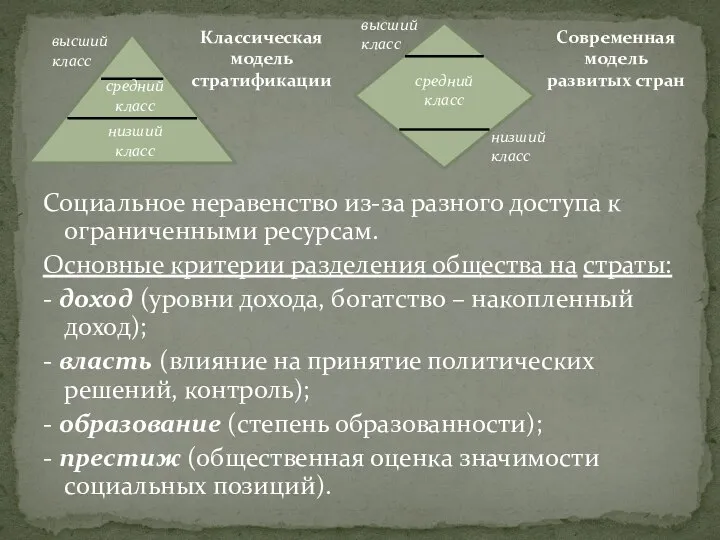 Социальное неравенство из-за разного доступа к ограниченными ресурсам. Основные критерии разделения общества