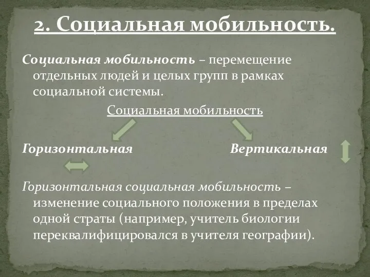 Социальная мобильность – перемещение отдельных людей и целых групп в рамках социальной