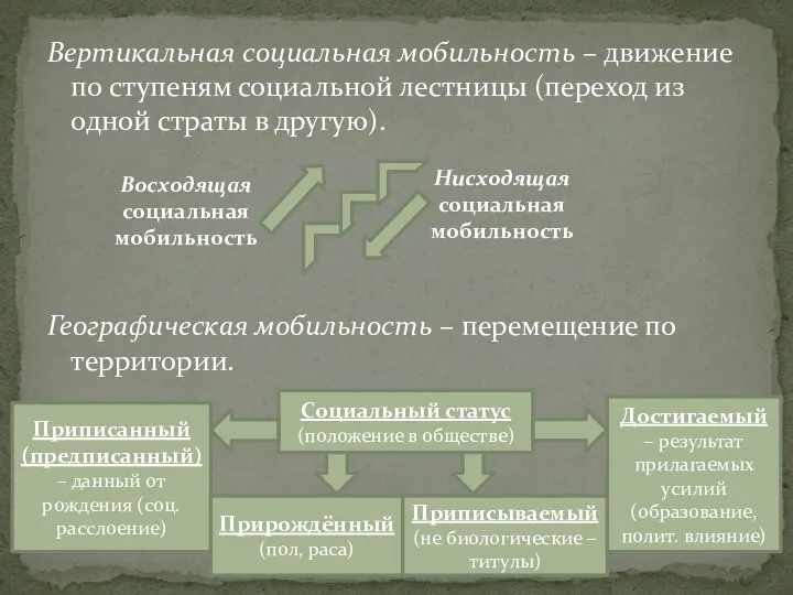 Вертикальная социальная мобильность – движение по ступеням социальной лестницы (переход из одной