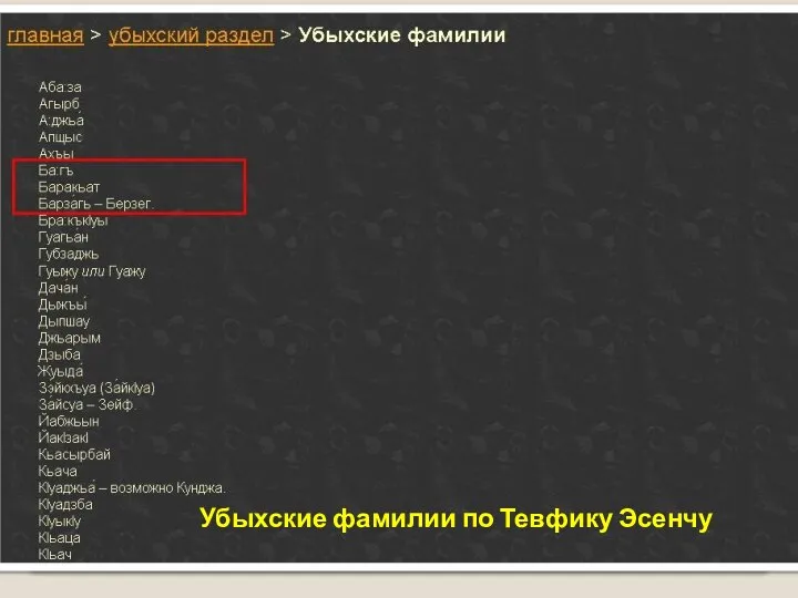 Убыхские фамилии по Тевфику Эсенчу