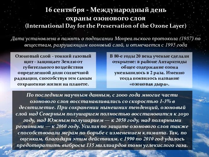 16 сентября - Международный день охраны озонового слоя (International Day for the