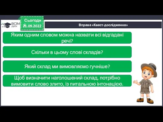 21.09.2022 Сьогодні Вправа «Квест-дослідження» Яким одним словом можна назвати всі відгадані речі?