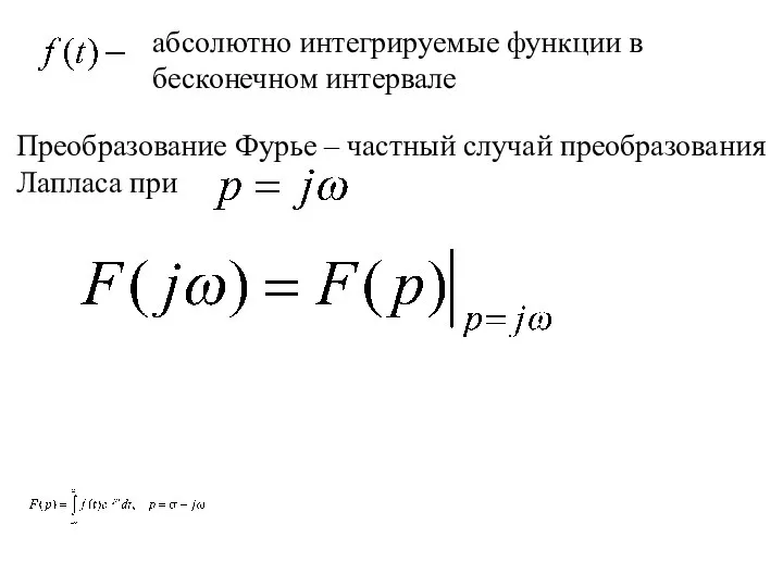 абсолютно интегрируемые функции в бесконечном интервале Преобразование Фурье – частный случай преобразования Лапласа при