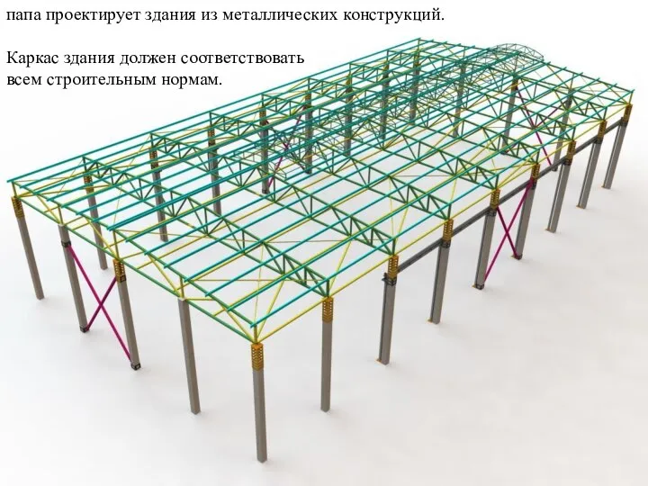 папа проектирует здания из металлических конструкций. Каркас здания должен соответствовать всем строительным нормам.