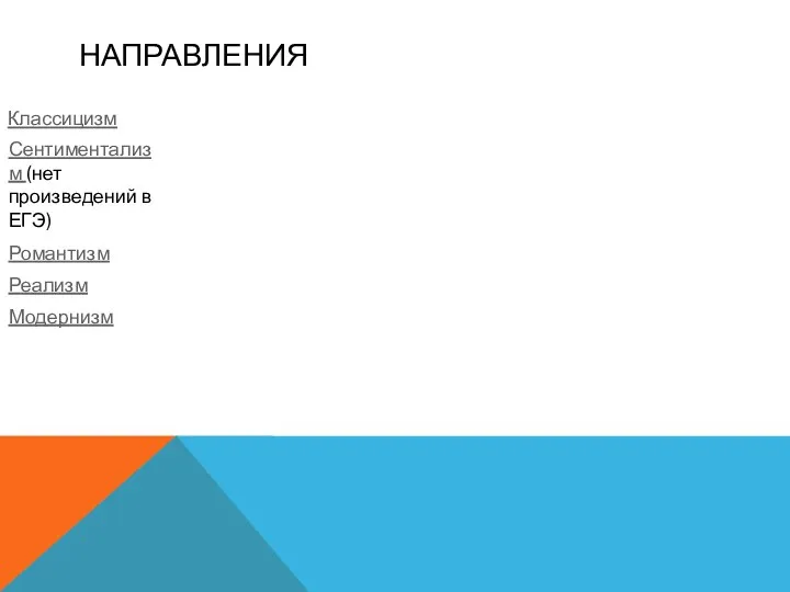 НАПРАВЛЕНИЯ Реализм Классицизм Романтизм Сентиментализм (нет произведений в ЕГЭ) Модернизм