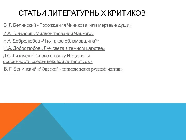 СТАТЬИ ЛИТЕРАТУРНЫХ КРИТИКОВ В. Г. Белинский «Похождения Чичикова, или мертвые души» И.А.