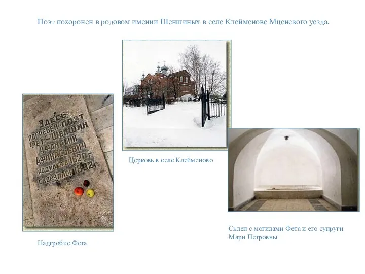 Поэт похоронен в родовом имении Шеншиных в селе Клейменове Мценского уезда. Надгробие