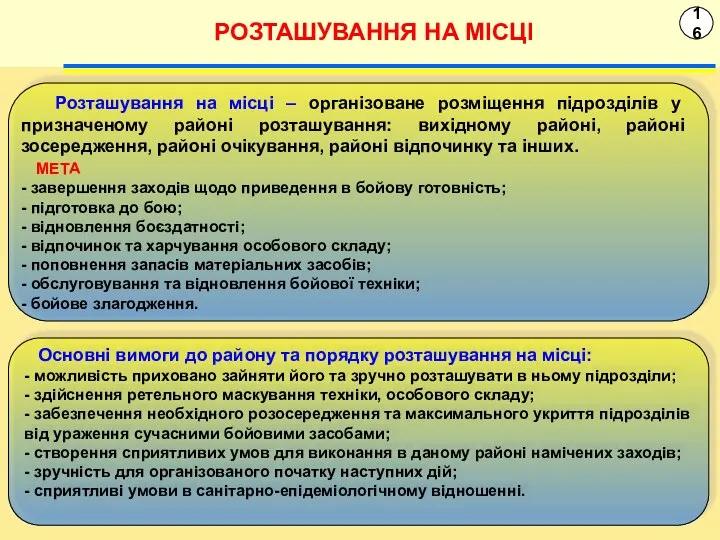 16 РОЗТАШУВАННЯ НА МІСЦІ Розташування на місці – організоване розміщення підрозділів у