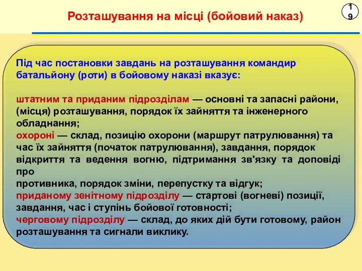 19 Розташування на місці (бойовий наказ) Під час постановки завдань на розташування