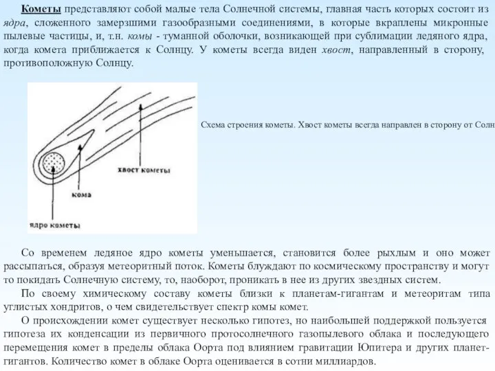 Кометы представляют собой малые тела Солнечной системы, главная часть которых состоит из