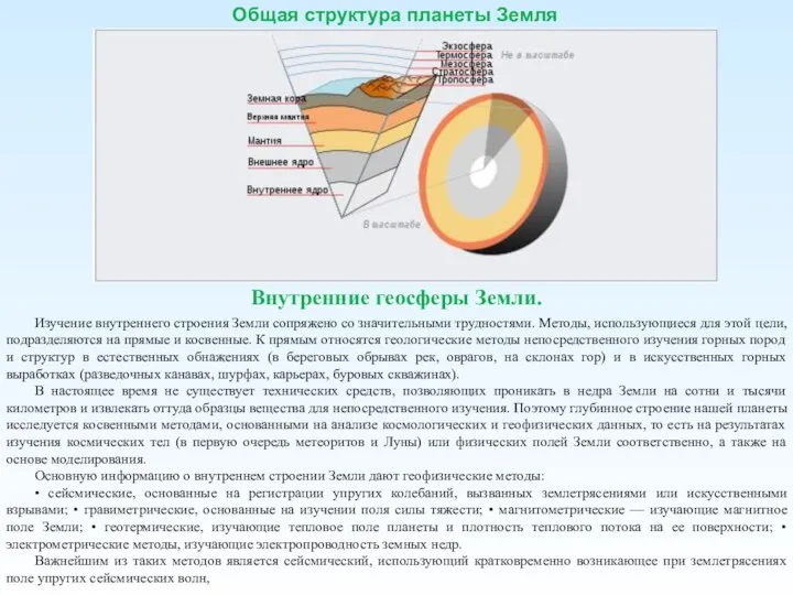 Общая структура планеты Земля Внутренние геосферы Земли. Изучение внутреннего строения Земли сопряжено