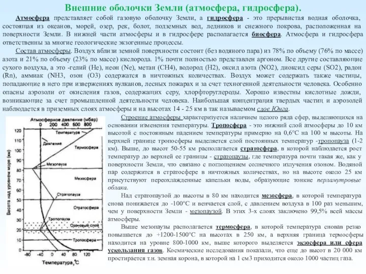 Внешние оболочки Земли (атмосфера, гидросфера). Атмосфера представляет собой газовую оболочку Земли, а