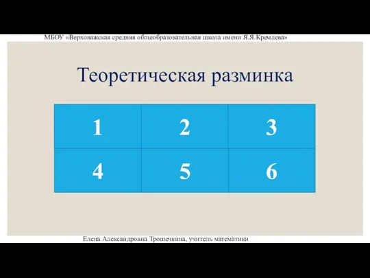 Теоретическая разминка МБОУ «Верховажская средняя общеобразовательная школа имени Я.Я.Кремлева» Елена Александровна Трошечкина, учитель математики