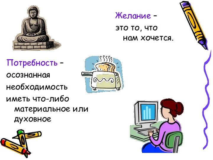 Желание – это то, что нам хочется. Потребность – осознанная необходимость иметь что-либо материальное или духовное