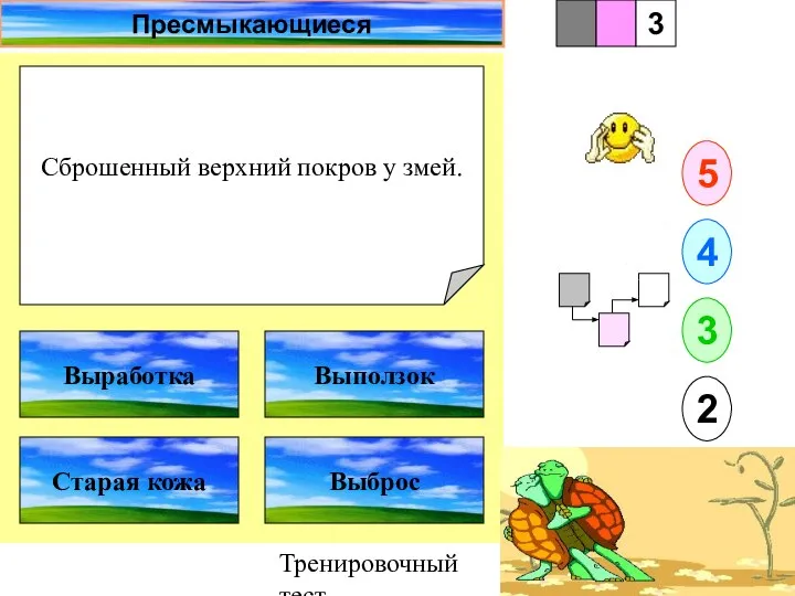 Тренировочный тест Сброшенный верхний покров у змей. 1 Старая кожа Выброс 5