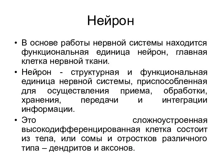 Нейрон В основе работы нервной системы находится функциональная единица нейрон, главная клетка