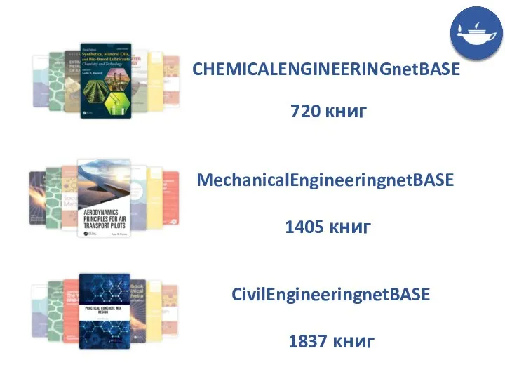 CHEMICALENGINEERINGnetBASE 720 книг MechanicalEngineeringnetBASE 1405 книг CivilEngineeringnetBASE 1837 книг