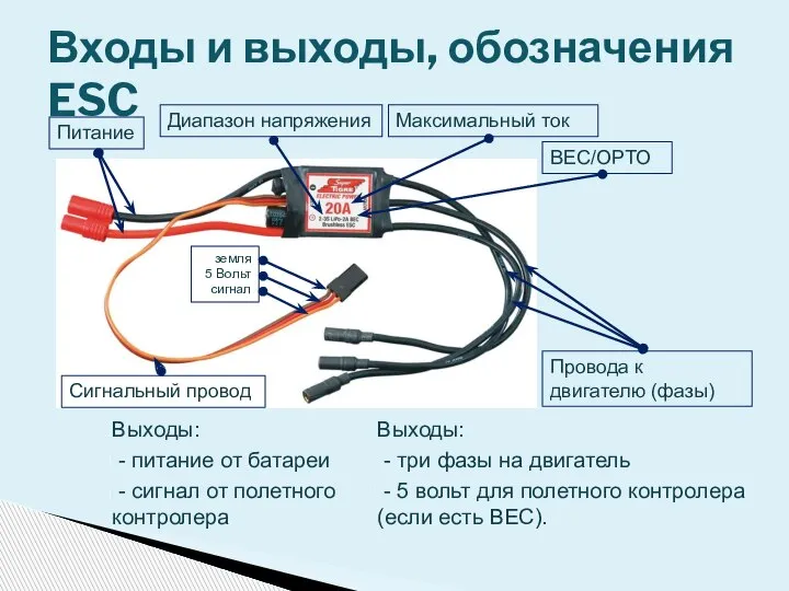 Выходы: - питание от батареи - сигнал от полетного контролера Входы и