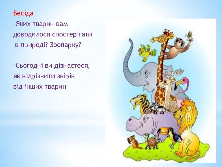 Бесіда -Яких тварин вам доводилося спостерігати в природі? Зоопарку? -Сьогодні ви дізнаєтеся,