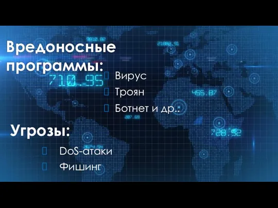 Вредоносные программы: Вирус Троян Ботнет и др.. Угрозы: DoS-атаки Фишинг