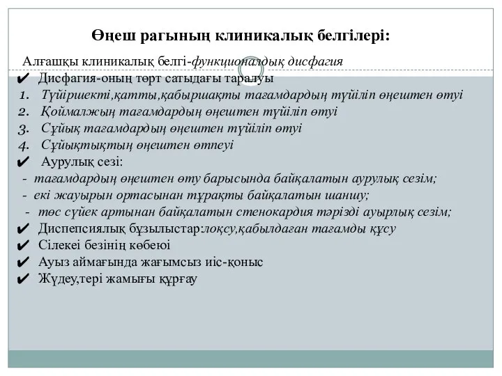 Өңеш рагының клиникалық белгілері: Алғашқы клиникалық белгі-функционалдық дисфагия Дисфагия-оның төрт сатыдағы таралуы