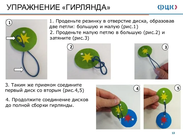 УПРАЖНЕНИЕ «ГИРЛЯНДА» 1. Проденьте резинку в отверстие диска, образовав две петли: большую