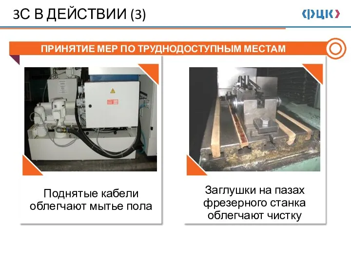 ПРИНЯТИЕ МЕР ПО ТРУДНОДОСТУПНЫМ МЕСТАМ Поднятые кабели облегчают мытье пола Заглушки на