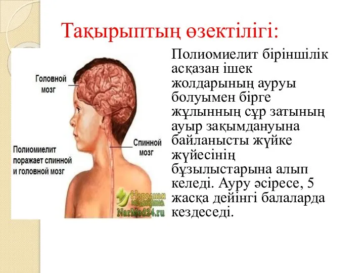 Тақырыптың өзектілігі: Полиомиелит біріншілік асқазан ішек жолдарының ауруы болуымен бірге жұлынның сұр