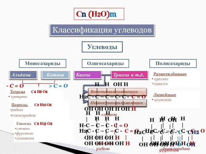 Классификация углеводов Сn (Н2О)m Углеводы Моносахариды Олигосахариды Полисахариды Альдозы Кетозы С =