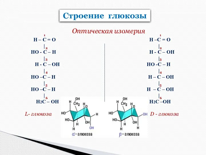 Строение глюкозы D - глюкоза L- глюкоза Оптическая изомерия