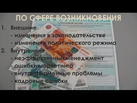 ПО СФЕРЕ ВОЗНИКНОВЕНИЯ 1. Внешние - изменения в законодательстве - изменение политического