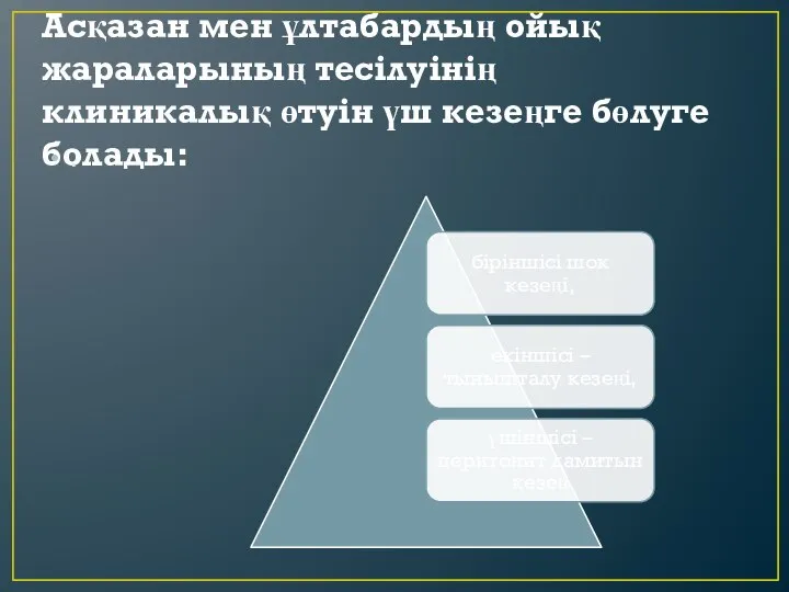 Асқазан мен ұлтабардың ойық жараларының тесiлуiнiң клиникалық өтуiн үш кезеңге бөлуге болады: .