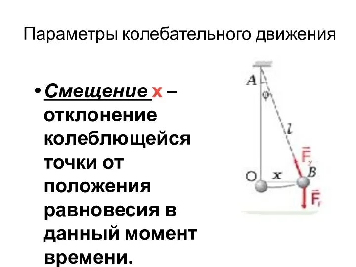 Параметры колебательного движения Смещение х –отклонение колеблющейся точки от положения равновесия в данный момент времени.